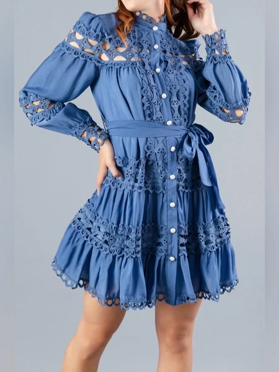 Blue Lace-Trim Button-Front Mini Dress with Waist Tie - Picture 1 of 3